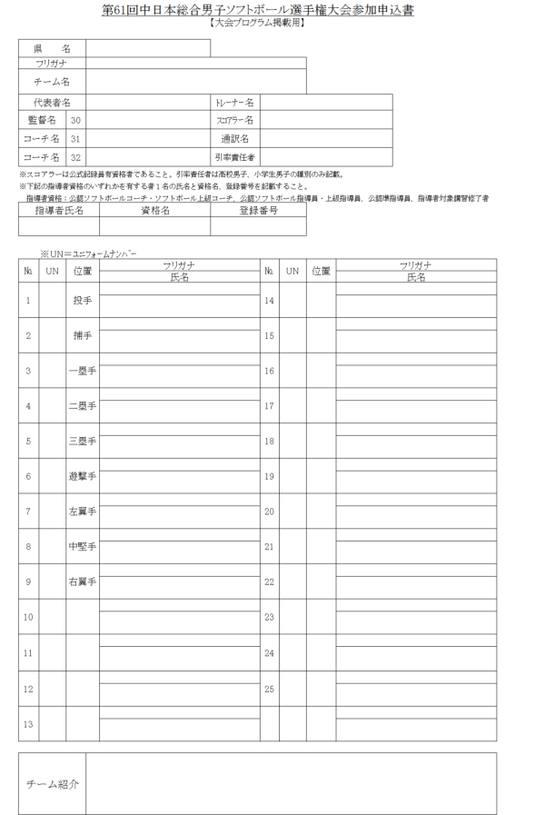 平成２９年度　第61回中日本総合男子選手権大会　参加申込書 プログラム用